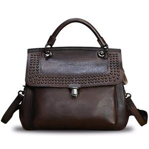 7399 Leather Satchel Purse Retro Handmade Top Handle Handbag Rivet Style